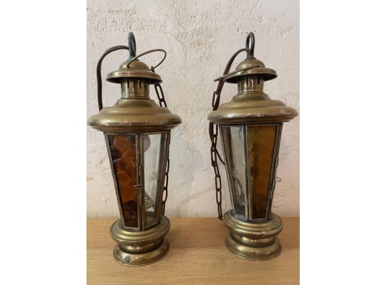 Pair Of Antique Brass Candle Lanterns Converted To Swag Lamps