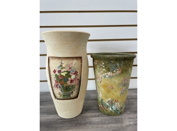 Lot Of 2 Hand Painted Terra Cotta Vases