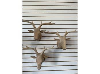 Set Of Carved Wood Deer Head Mounts