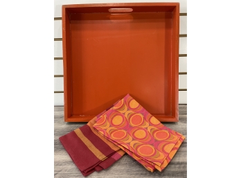 Wood Tray With Lacquer Interior & Tea Towels