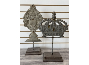 Pair Of Embossed Tin Art On Stands