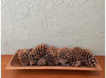 Hand Carved Wooden Tray With Pine Cones & Lights