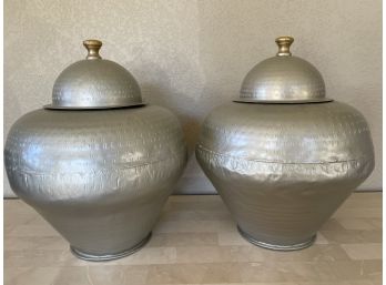 Pair Of Large Silver Metal Jars