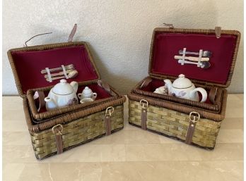 Pair Of Small Wicker Baskets With Reutter Porzelian Flower Fairies Collection Tea Service