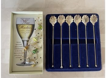 Set Of Silver Sipping Spoons & Wine Glass Markers
