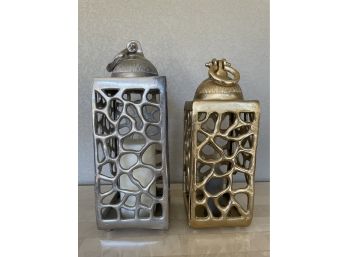 Pair Of Cast Aluminum Lanterns With Candles