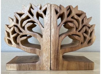 Pair Of Carved Wood Tree Bookends