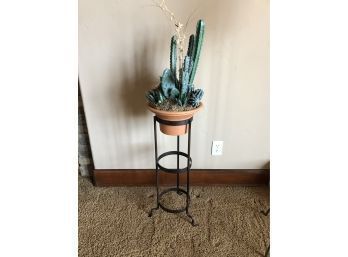 Hand Forged Metal Plant Stand With Cactus