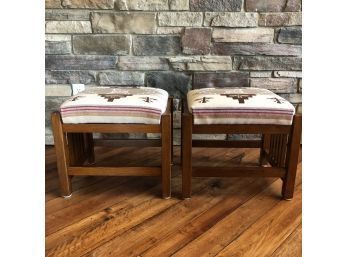 Pair Of Mission Style Oak Benches/foot Stools