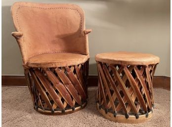Mexican Equipale Barrel Chair & Side Table