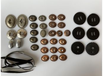 Lot Of Silver Metal & Copper Conchos With Leather