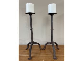 Pair Of Rustic Iron Pillar Candle Holders