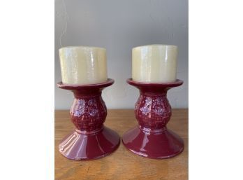 Pair Of Longaberger Pillar Candle Holders With Candles
