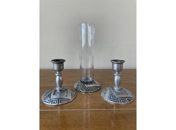 Pewter Candle Holders & Matching Vase
