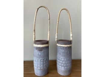 Pair Of Glazed Terracotta Vessels With Bamboo/reed Handles