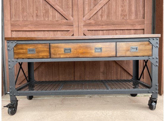 Rolling Hardwood Workbench With 3 Drawers