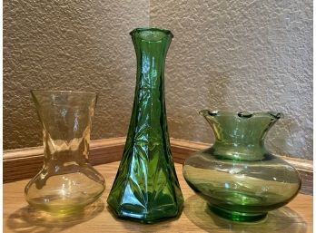 Lot Of 3 Green Glass Vases