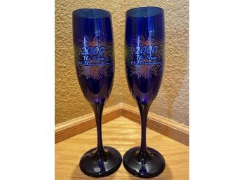 Pair Of Cobalt Blue Millennium Champagne Glasses