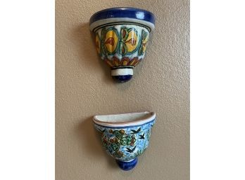 Pair Of Mexican Glazed Terracotta Wall Planters