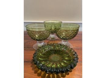 Vintage Atlas Green Glass Ashtray & Sherbert Glasses