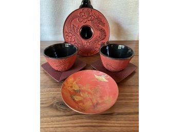 Japanese Iron Trivet, Tea Cups & Lacquer Ware Dish