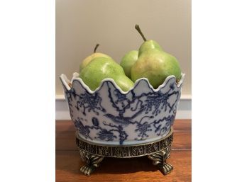Blue & White Footed Bowl With Pears