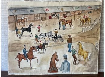 Original Watercolor Of Horse Stable & Riders