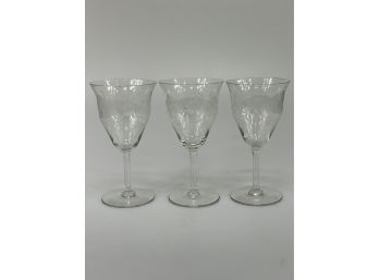 3 Antique Etched Glass Wine Glasses