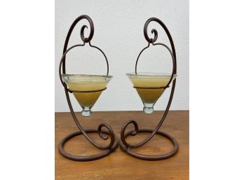 Pair Of Iron/glass Candle Holders