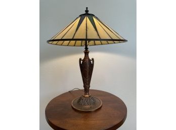Copper Table Lamp With Leaded Glass Shade