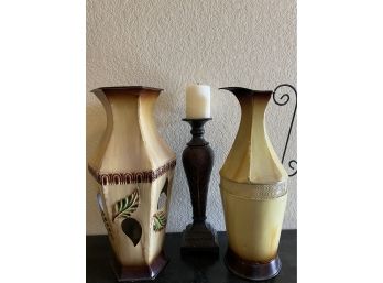 Painted Metal Vase & Pitcher With Candle Holder