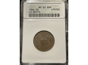 1864 2 Cent Large Motto ANACS MS62 Brn
