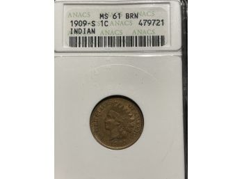 1909-S ANACS MS61 Brn Indian Cent
