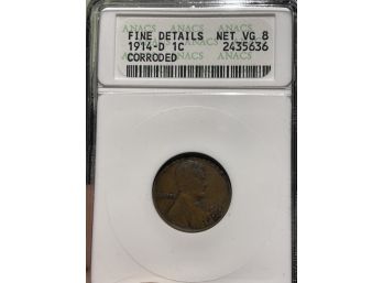 1914-D Lincoln Cent Fine Details Net VG8 Key Date Corroded