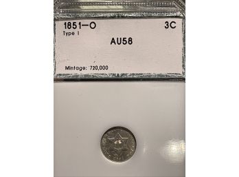 1851-O 3 Cent Silver AU58