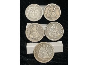 Five Liberty Seated Quarters (1853-Arrows & Rays, 1856, 1858, 1891, 1876)