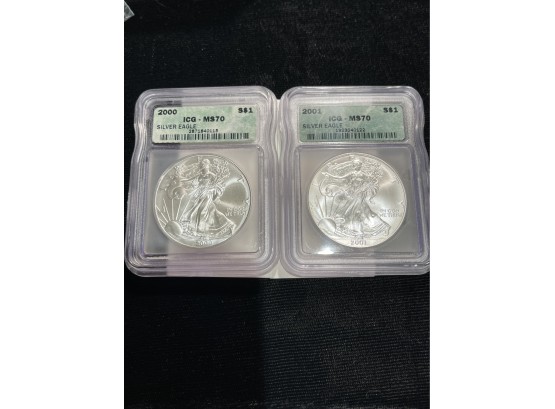 Two ICG MS70 Silver Eagles 2000-2001
