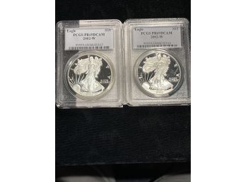 Two (2) - 2002W PCGS Proof DCAM Silver Eagles