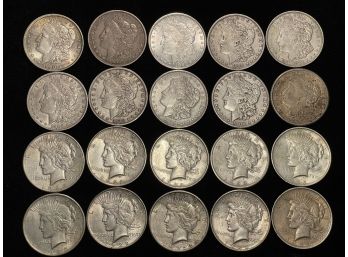 Twenty Silver Dollars (10 Peace, 10 Morgan)