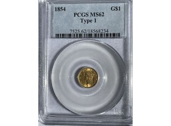 1854 $1 Gold Piece Type 1 MS62 PCGS