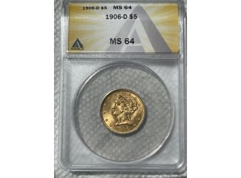 1906-D $5 Gold Piece MS64
