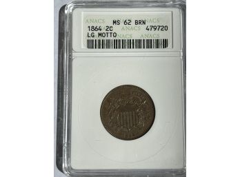 1864 Two Cent Large Motto MS62 Brown ANACS