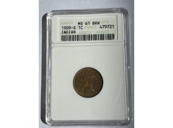 1909-S Indian Penny 'Key Date' MS61 BRN ANACS