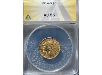 1914-D $5 Gold Piece AU55