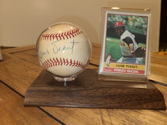 Signed Luis Tiant Baseball And 1976 Topps Ttading Card Display Set