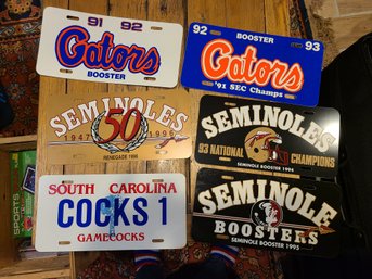 Six Retro Florida State, Florida Seminoles, And South Carolina Booster And Team License Plates From 90s