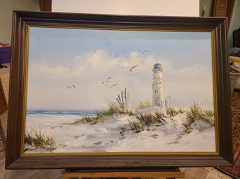 Signed Large Gordon Oil Painting On Canvas Seascape Ocean Beach Lighthouse 1970s. 40'L28h