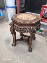 Antique Carved Chinese Wooden Footstool With Marble Top Beautiful