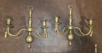 Two Antique Brass Wall Mounting Candle Holders