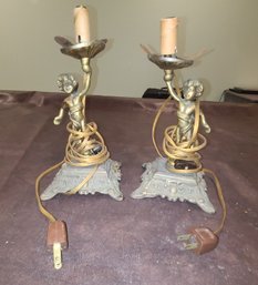 2 Antique Brass Churub Table Lamps